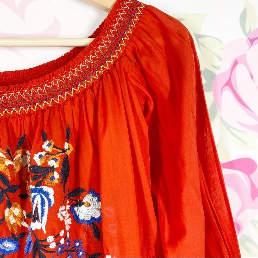 NEW Free People Sunbeam Red Floral Embroidered Off The Shoulder Mini Dress S